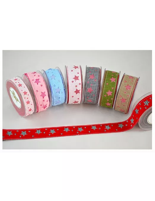 CINTA CON ESTRELLAS DE CUADRO VICHY 3,5 CM NATURAL