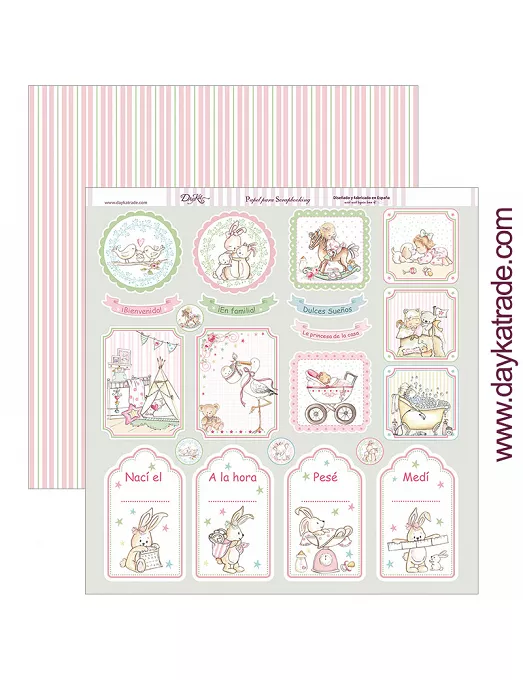 PAPEL SCRAP Dayka Etiquetas percentil, día y hora nacimiento NIÑA