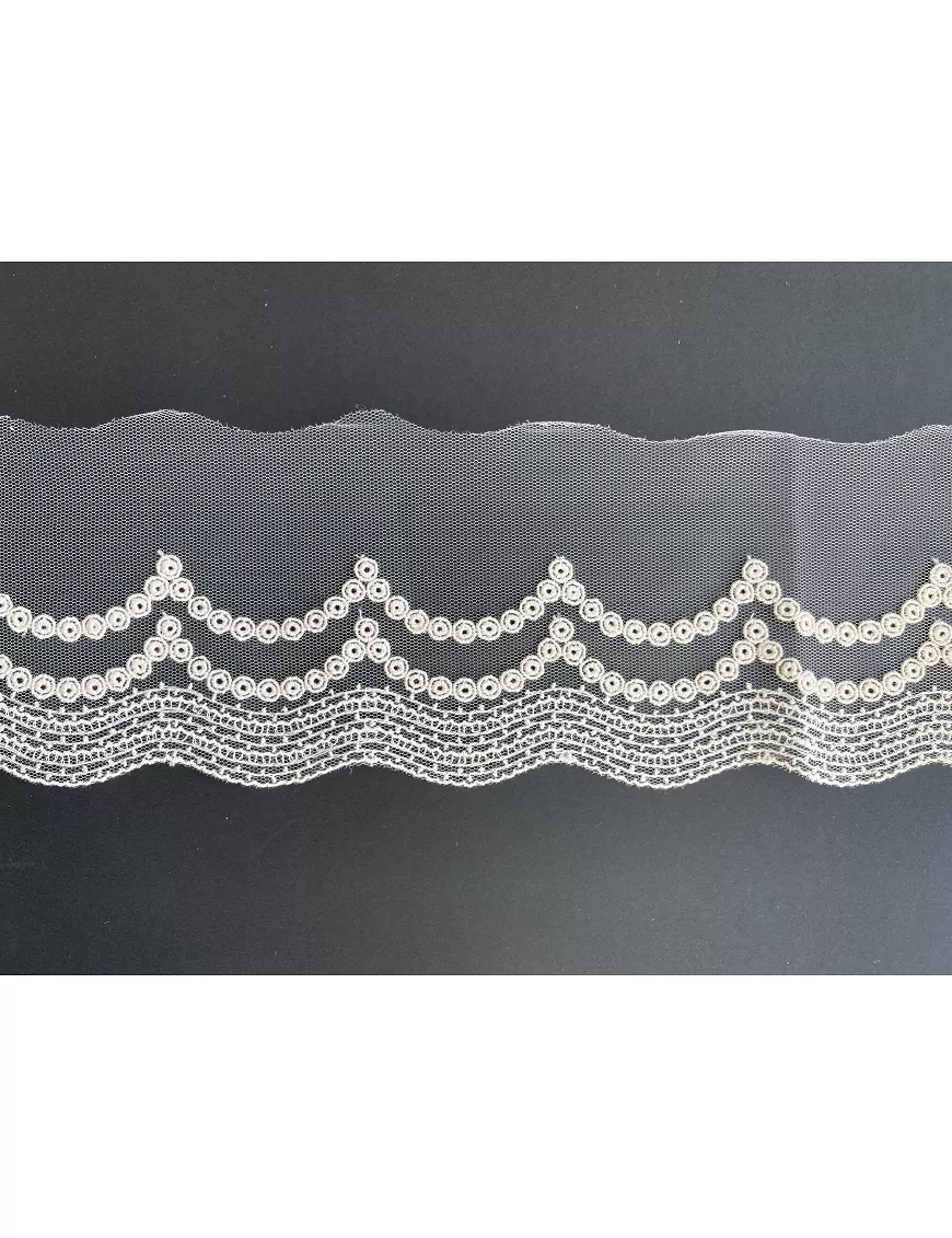 PUNTILLA Bordado tul 100 mm Beig Ondas círculos